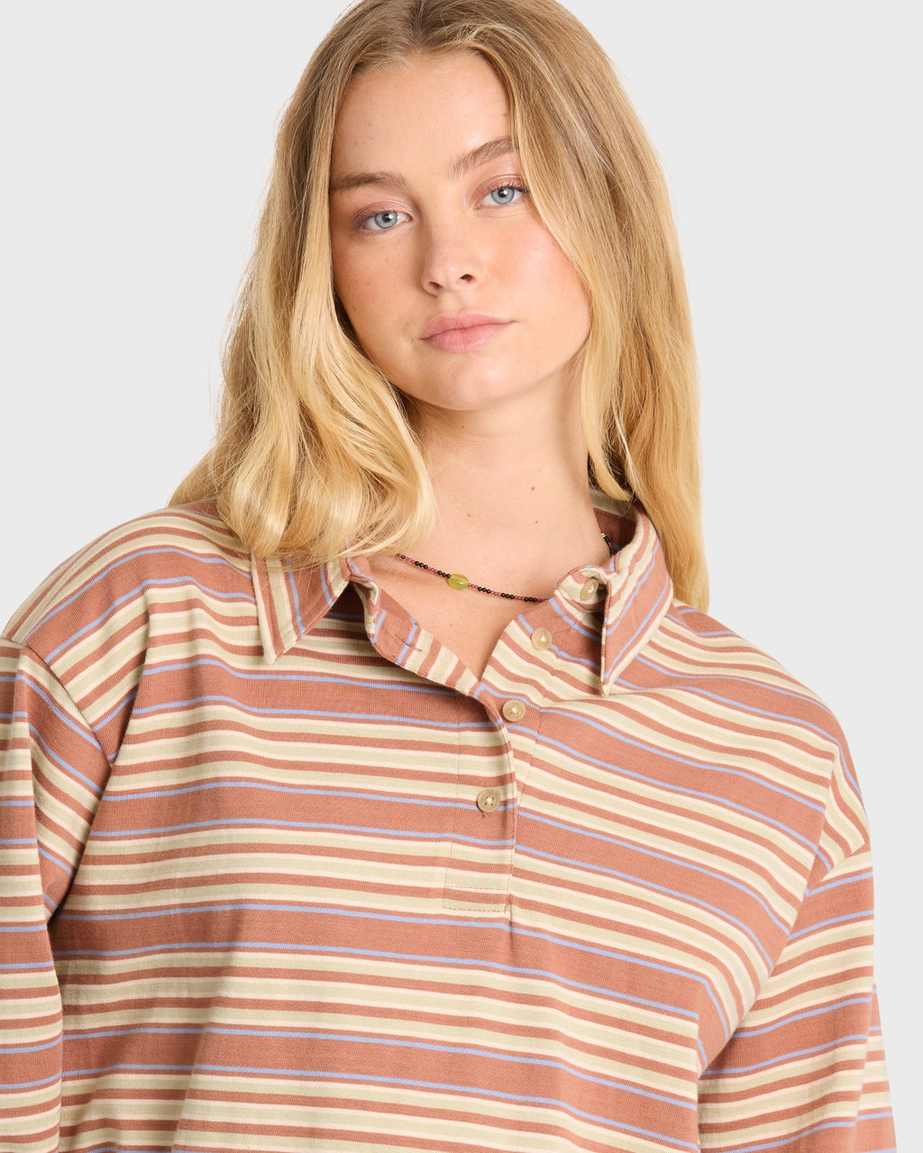 Sugar Stripe Long Sleeve Cotton Polo Shirt - Sugar Almond