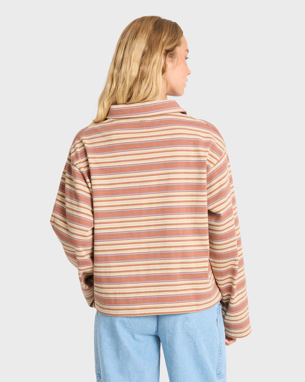 Sugar Stripe Long Sleeve Cotton Polo Shirt - Sugar Almond
