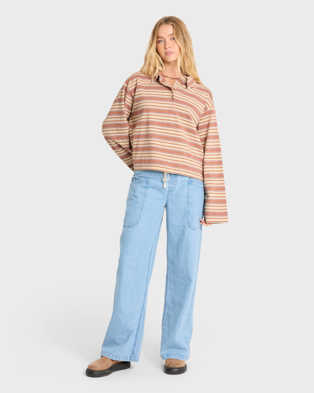 Sugar Stripe Long Sleeve Cotton Polo Shirt - Sugar Almond