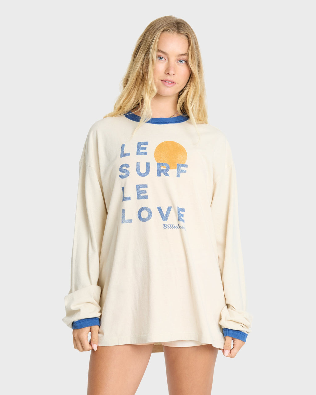 Le Love Surf Ringer Long Sleeve Cotton T-Shirt - White Cap