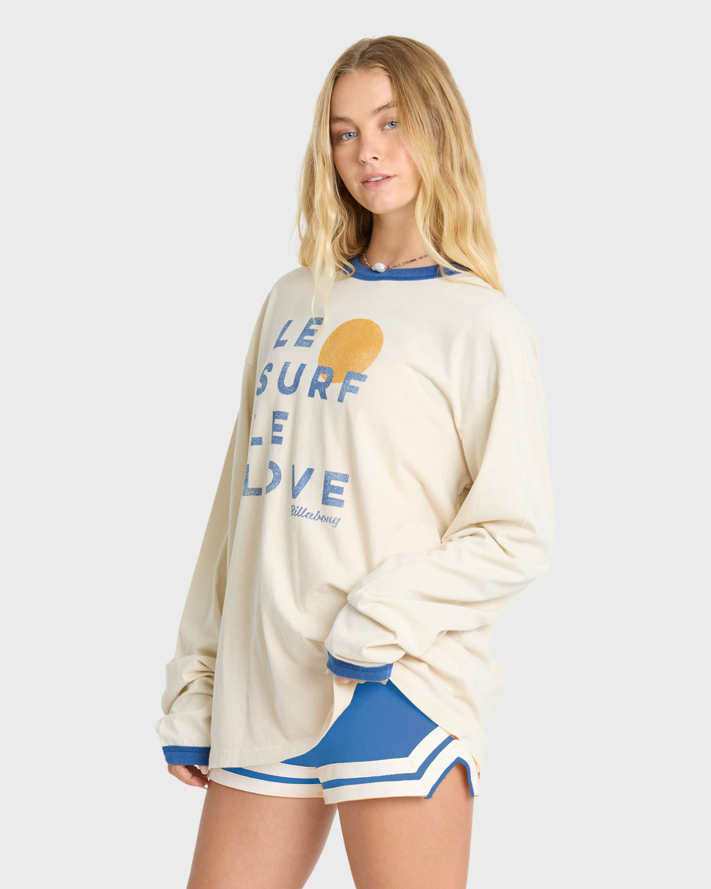 Le Love Surf Ringer Long Sleeve Cotton T-Shirt - White Cap