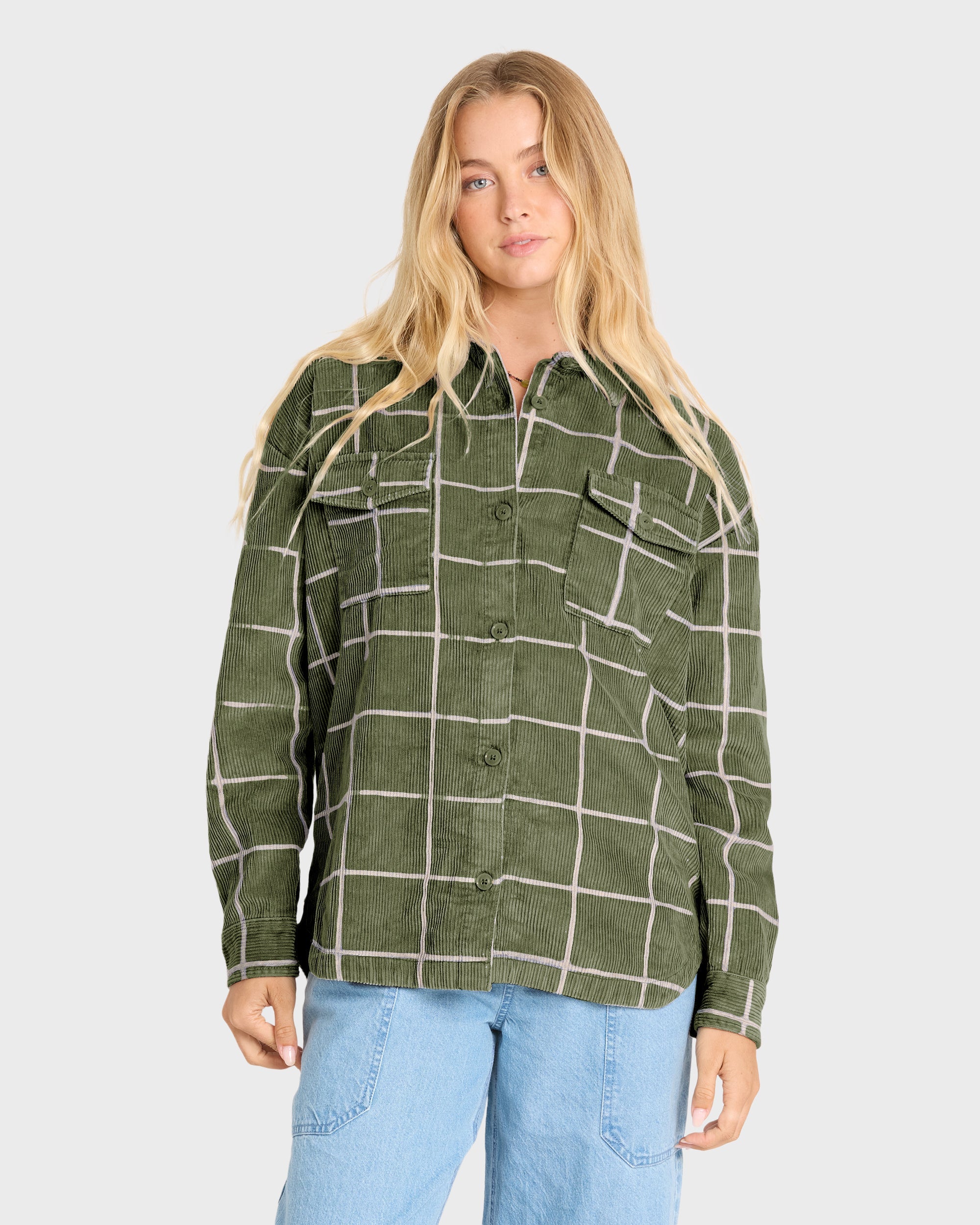 Fadeaway Long Sleeve Corduroy Shacket - Canteen